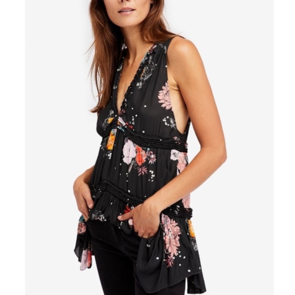 Free People “Purple Haze” Black Floral V Neck Tunic‎ Top Sz XS